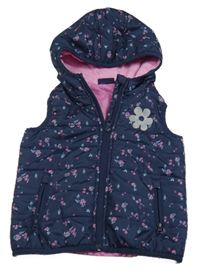 Tmavomodro-růžová květovaná šusťáková zateplená vesta s kapucí Impidimpi