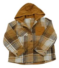 Hnědo-bílo-okrová kostkovaná košile s kapucí 