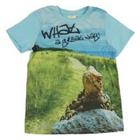 Modro-zelené tričko s nápisom a ještěrkou Kids