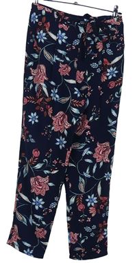 Dámské tmavomodré květované volné crop kalhoty s páskem Dorothy Perkins