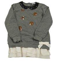 Sivá ľahká mikinová tunika s flitrami a golierikom