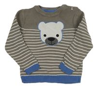 Sivo-biely pruhovaný sveter s medvěďom