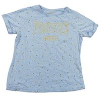 Svetlomodré tričko s kvítky a zlatým nápisom Primark