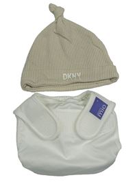2set - bílé plenkové kalhotky + béžová čepice DKNY