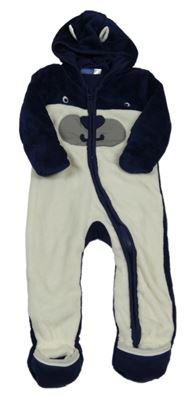 Tmavomodro-biela chlpatá podšitá kombinéza s medvedíkom a kapucňou Lupilu