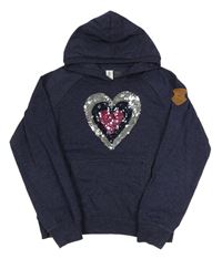 Tmavomodrá melírovaná mikina se srdíčkem z flitrů a kapsou a kapucí YIGGA