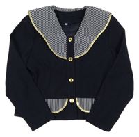 Tmavomodro-pruhoaný crop kabátek so zlatým lemem