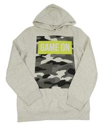 Světlešedá melírovaná mikina s army potiskem, nápisem a kapucí C&A vel.176