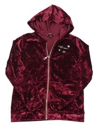 Vínová zamatová prepínaci mikina s nápisom a kapucňou