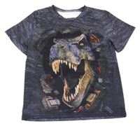 Čierno-sivé melírované tričko s dinosaurom