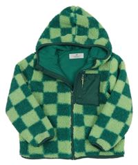 Zeleno-svetlozelená kockovaná huňatá podšitá bunda s kapucňou H&M
