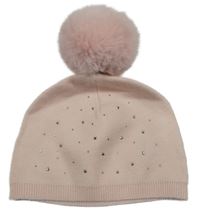 Světlerůžová úpletová čepice s kamínky a bambulí