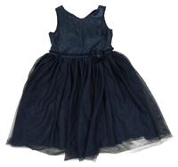 Tmavomodré společenské saténovo/tylové šaty s květem H&M