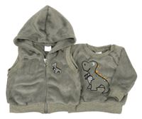 2set - Šedá chlupatá mikina s dinosaurem + vesta s kapucí