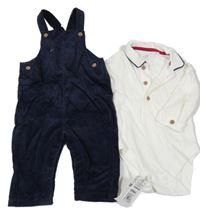 Nové - 2set - Tmavomodré manšestrové laclové kalhoty + bílé polo body M&S