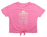 Kriklavoě ružové melírované crop tričko s nápismi a slniečkom a uzlom M&S