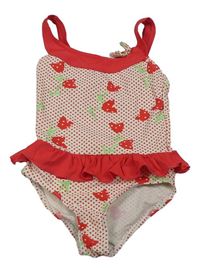 Bielo-jahodové bodkovaná é jednodielne plavky s tulipánky a volánikom girl2girl