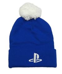 Safírová pletená čepice s logem - PlayStation a bílou bambulí