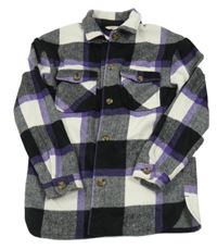 Černo-fialovo-bílá kostkovaná vlněná košilová bunda H&M