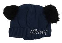 Tmavomodrá pletená čapica s nápisem - Mickey a bambulemi Disney