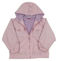 Svetloružová šušťáková jarná bunda s kvetmi a kapucňou