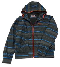 Černo-tmavošedo-modrá pruhovaná šusťáková jarní bunda s kapucí LEWRO