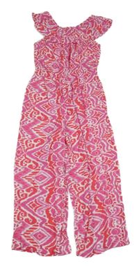 Bílo-růžovofialovo-červený vzorovaný mačkaný kalhotový culottes overal s volánkem PRIMARK