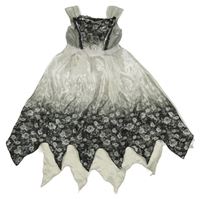 Kostým - Šedo-čeno-bílé saténovo/sametové cípaté šaty s růžemi a lebkami a flitry F&F