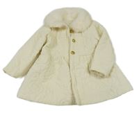 Smotanový šušťákový jarný zateplený kabát s prešívanymi kvety a kožušinovým golierikom SHEIN