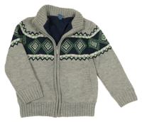 Šedo-tmavomodrý melírovaný pletený propínací podšitý svetr se vzorem dopodopo