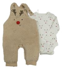 2Set - Béžové huňaté laclové kalhoty se sobem + bílé body F&F