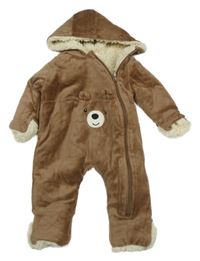 Hnědá sametová zateplená kombinéza s medvídkem a kapucí Ergee