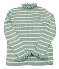 Zeleno-biely pruhovaný rebrovaný sveter s výšivkou a rolákom Primark