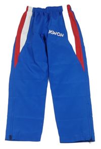 Modro-červeno-bílé šusťákové podšité kalhoty s nápisem