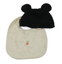 2set - Čierna bavlnená čapica s oušky + béžový slinták s broskví