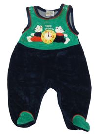 Tmavomodro-zelené sametové dupačky s medveďmi a hodinami