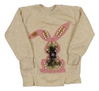 Béžová melírovaná mikina s králíkem s perlami a kožešinou