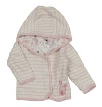 Bílo-růžová pruhovaná podšitá propínací mikina s králíkem a kapucí C&A