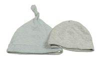 2x bavlněná čepice - světlešedá melírovaná + smetanovo-modrá pruhovaná