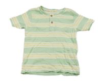 Zelenkavo-bílo-žluté pruhované žebrované tričko s knoflíky Primark