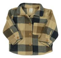 Béžovo-hnedo-tmavomodrá kockovaná fleecová košeľová bunda H&M