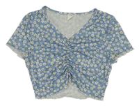 Modré kvetované rebrované crop tričko Shein