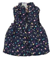 Tmavomodrá květovaná šusťáková zateplená vesta Topomini