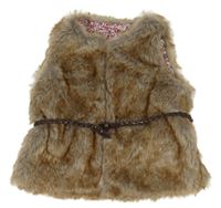 Hnedo-sivá melírovaná kožušinová podšitá vesta s opaskom