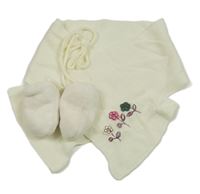 2 set - bílé sametové zateplené rukavice + smetanová pletená šála s výšivkami květů 