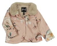 Svetloružová zateplená kvetovaná bunda s kožušinovým golierikom Firetrap