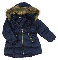 Tmavomodrá šusťáková zimní bunda s kapucí s kožešinou H&M