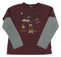 Mahagónovo-sivé tričko s bobrem a nápismi Vertbaudet