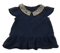 Tmavomodré šifonové tričko s límečkem z kamínků 