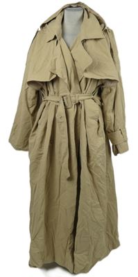 Dámsky béžový šušťákový jarný kabát s opaskom a kapucňou PrettyLittle Thing vel. 32